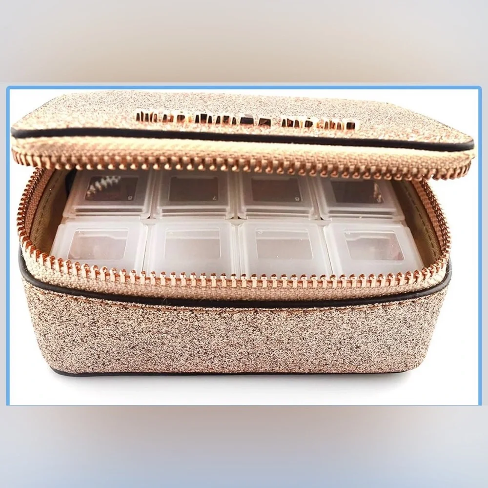 Michael Kors Shimmering Glitter Gold travel pill medication or jewelry case NEW!